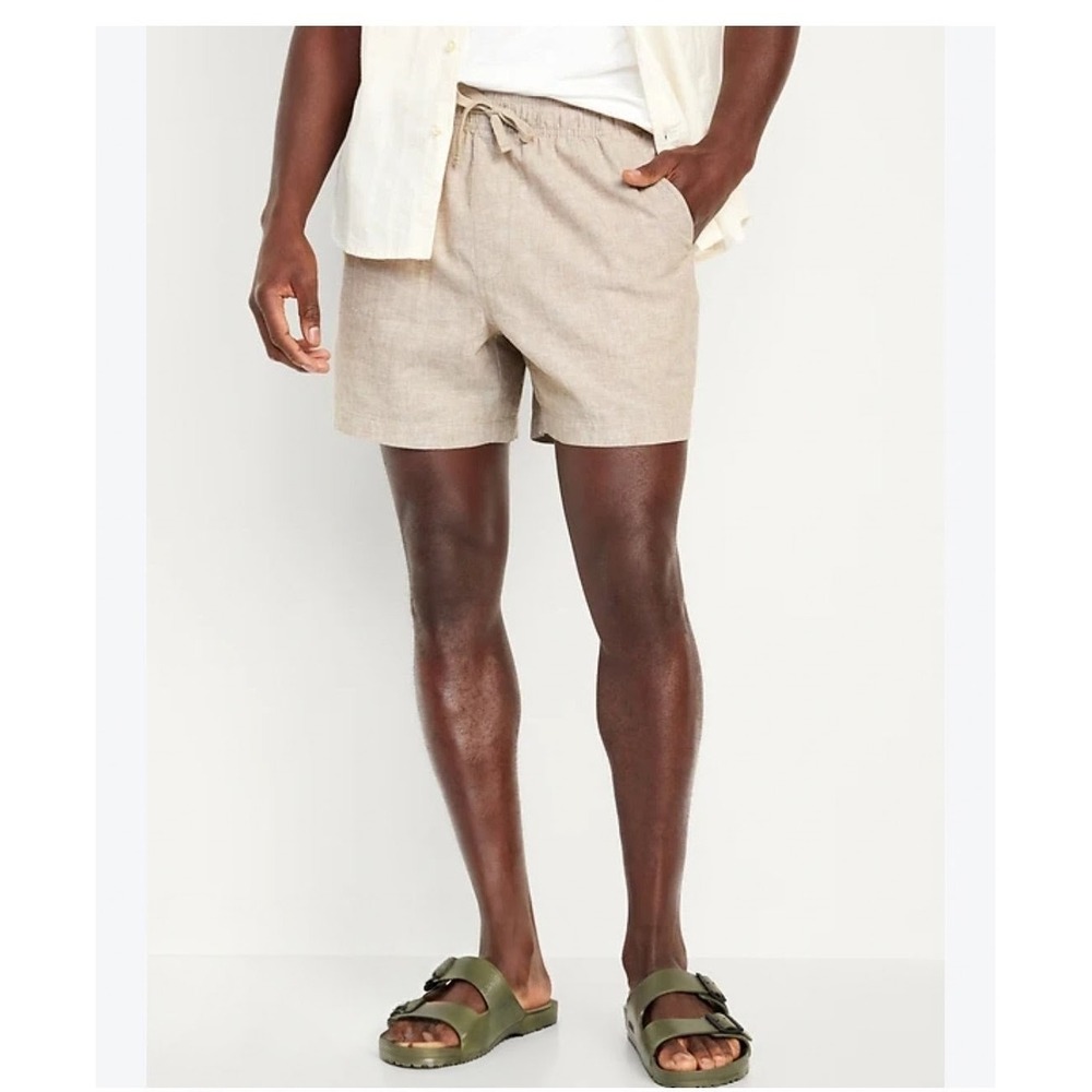 Old Navy Mens Jogger Shorts Linen Blend Beige Oatmeal Drawstring Size M 5 Inseam